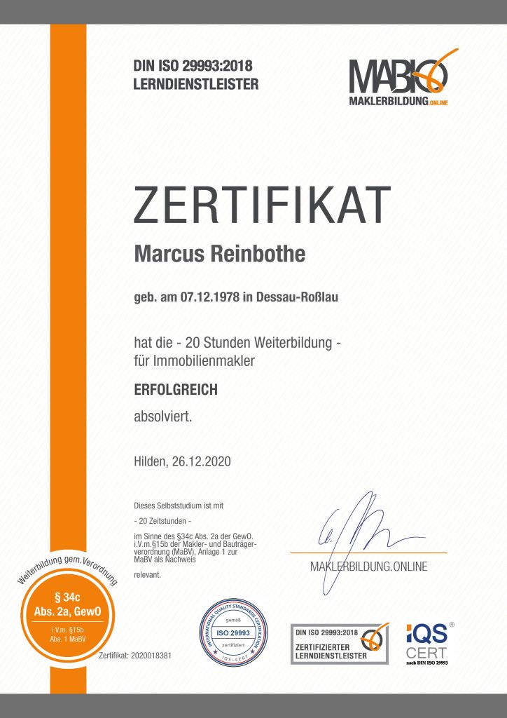 Zertifikat über die Weiterbildung für Immobilienmakler gemäß § 34c GewO von Marcus Reinbothe - Maklerbildung Online