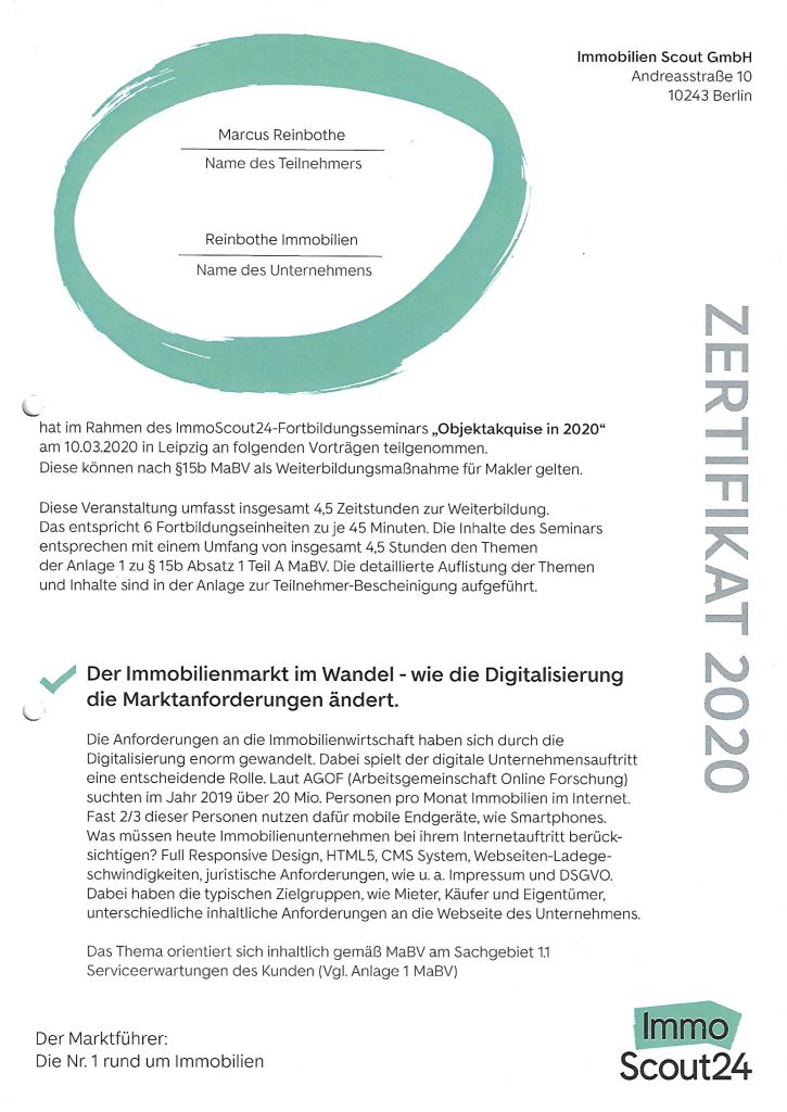 Zertifikat für Marcus Reinbothe: Fortbildung zu Objektakquise und Digitalisierung am Immobilienmarkt von ImmoScout24